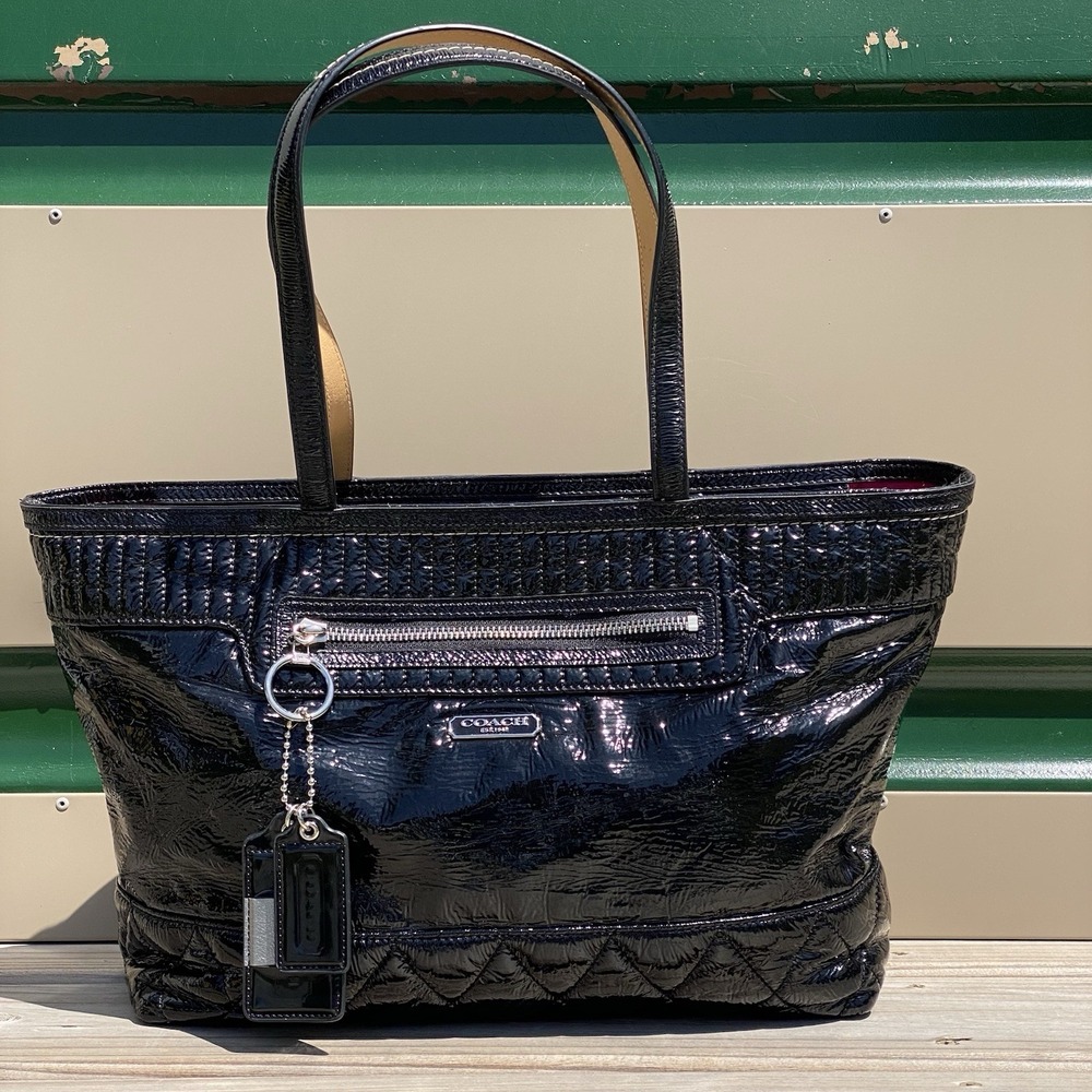 Coach Poppy Daisy Liquid Gloss Black Shoulder Bag Tote 18674 - Picture 1 of 16